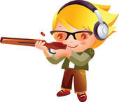 Animated image of a blonde haired boy wearing ear muffs and shooting a rifle.