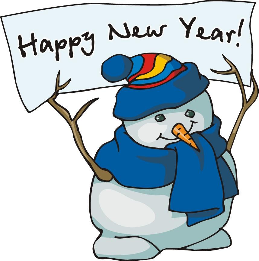 A snowman holding a sign reading Happy New Year!