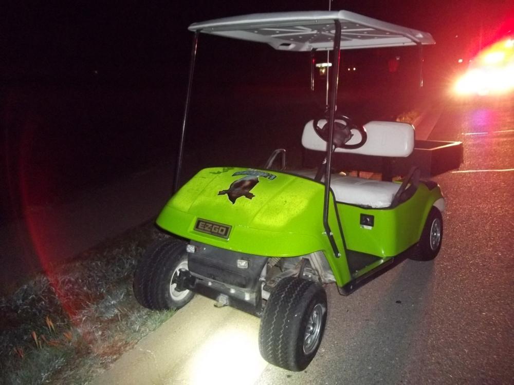 Side of a green golf cart.