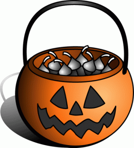 A pumpkin head holding candy.